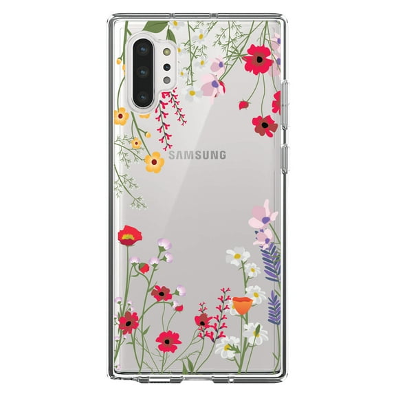 DistinctInk Clear Shockproof Hybrid Case for Galaxy Note 10 PLUS (6.8" Screen) - TPU Bumper Acrylic Back Tempered Glass Screen Protector - Wildflowers Border Blue Pink Purple