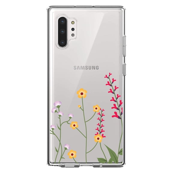 DistinctInk Clear Shockproof Hybrid Case for Galaxy Note 10 PLUS (6.8" Screen) - TPU Bumper Acrylic Back Tempered Glass Screen Protector - Wildflowers Yellow Pink Purple