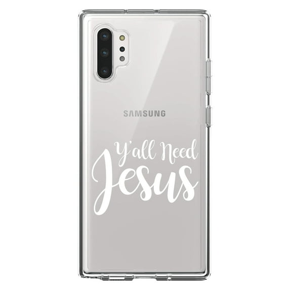 DistinctInk Clear Shockproof Hybrid Case for Galaxy Note 10 PLUS (6.8" Screen) - TPU Bumper Acrylic Back Tempered Glass Screen Protector - Y'All Need Jesus - White
