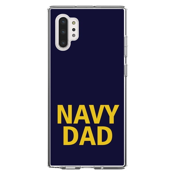 DistinctInk Clear Shockproof Hybrid Case for Galaxy Note 10 PLUS (6.8" Screen) - TPU Bumper, Acrylic Back, Tempered Glass Screen Protector - Yellow Navy Dad - Support for the Navy
