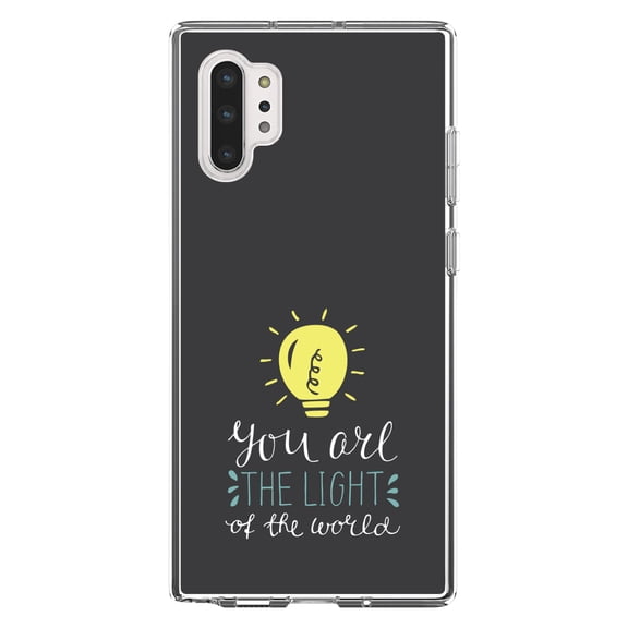 DistinctInk Clear Shockproof Hybrid Case for Galaxy Note 10 PLUS (6.8" Screen) - TPU Bumper, Acrylic Back, Tempered Glass Screen Protector - You Are the Light of the World / Bulb
