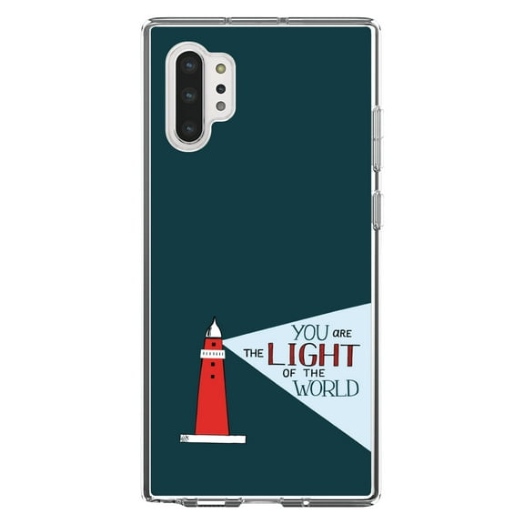 DistinctInk Clear Shockproof Hybrid Case for Galaxy Note 10 PLUS (6.8" Screen) - TPU Bumper, Acrylic Back, Tempered Glass Screen Protector - You Are the Light of the World / Light House