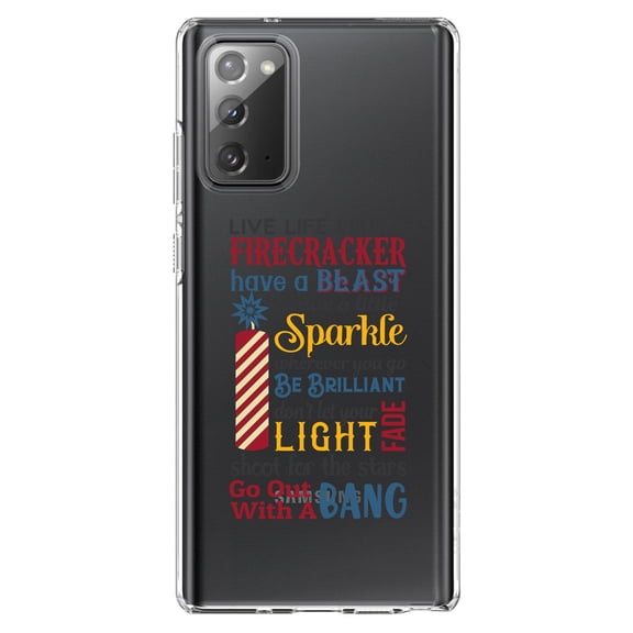 DistinctInk Clear Shockproof Hybrid Case for Galaxy Note 20 ULTRA (6.9" Screen) - TPU Bumper Acrylic Back Tempered Glass Screen Protector - 4th of July Word Art Firecracker
