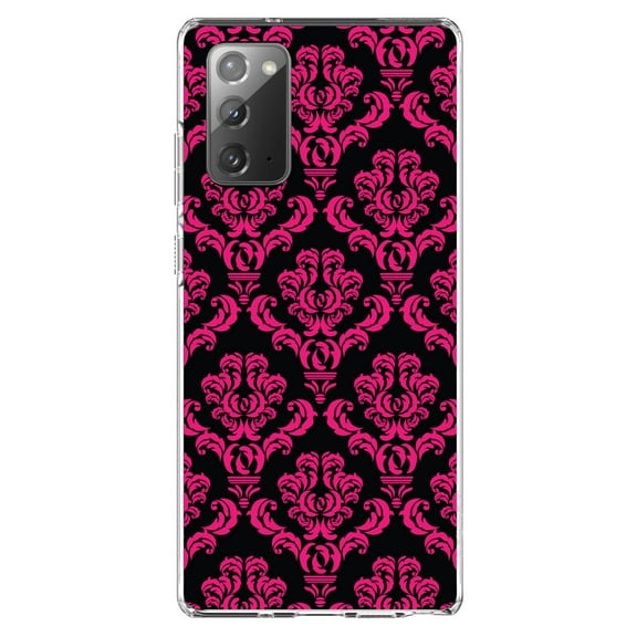 DistinctInk Clear Shockproof Hybrid Case for Galaxy Note 20 ULTRA (6.9" Screen) - TPU Bumper, Acrylic Back, Tempered Glass Screen Protector - Black Hot Pink Damask Pattern - Floral Damask Pattern