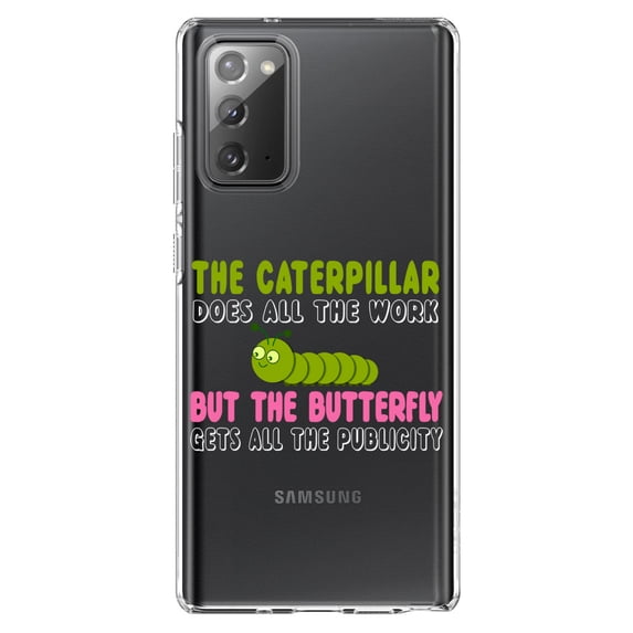 DistinctInk Clear Shockproof Hybrid Case for Galaxy Note 20 ULTRA (6.9" Screen) - TPU Bumper Acrylic Back Tempered Glass Screen Protector - Caterpillar Does Work, Butterfly Publicity