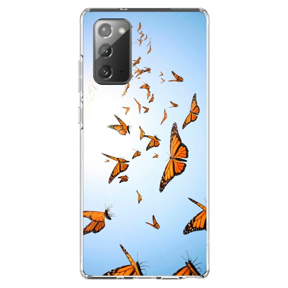 DistinctInk Clear Shockproof Hybrid Case for Galaxy Note 20 ULTRA (6.9" Screen) - TPU Bumper, Acrylic Back, Tempered Glass Screen Protector - Flying Monarch Butterflies