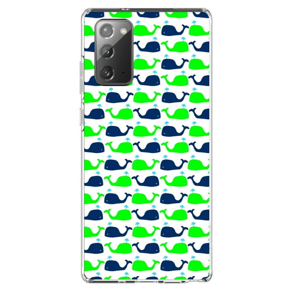 DistinctInk Clear Shockproof Hybrid Case for Galaxy Note 20 ULTRA (6.9" Screen) - TPU Bumper, Acrylic Back, Tempered Glass Screen Protector - Green Navy Cartoon Whales - Cartoon Whales