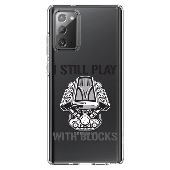 DistinctInk Clear Shockproof Hybrid Case for Galaxy Note 20 ULTRA (6.9" Screen) - TPU Bumper Acrylic Back Tempered Glass Screen Protector - I Still Play with Blocks - Cars