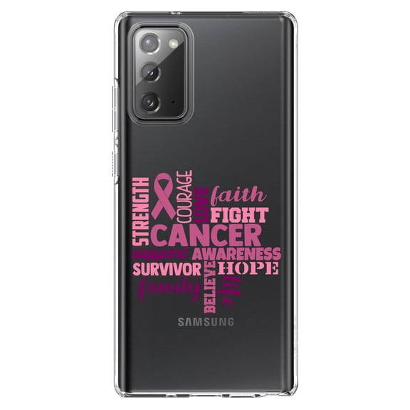 DistinctInk Clear Shockproof Hybrid Case for Galaxy Note 20 ULTRA (6.9" Screen) - TPU Bumper Acrylic Back Tempered Glass Screen Protector - Pink Ribbon Cancer - Word Art