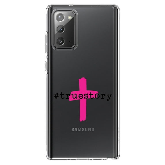 DistinctInk Clear Shockproof Hybrid Case for Galaxy Note 20 ULTRA (6.9" Screen) - TPU Bumper Acrylic Back Tempered Glass Screen Protector - #truestory - Cross - Christian - Hot Pink