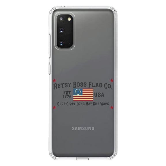 DistinctInk Clear Shockproof Hybrid Case for Galaxy S20 PLUS / 5G (6.7" Screen) - TPU Bumper Acrylic Back Tempered Glass Screen Protector - Betsy Ross Flag Co - Old Glory USA