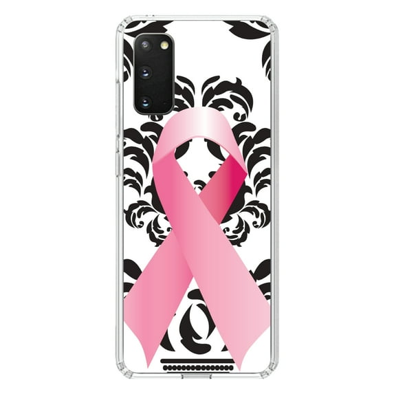 DistinctInk Clear Shockproof Hybrid Case for Galaxy S20 PLUS / 5G (6.7" Screen) - TPU Bumper, Acrylic Back, Tempered Glass Screen Protector - Black Damask Pink Ribbon - Breast Cancer Awareness