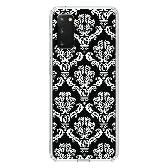 DistinctInk Clear Shockproof Hybrid Case for Galaxy S20 PLUS / 5G (6.7" Screen) - TPU Bumper, Acrylic Back, Tempered Glass Screen Protector - Black White Damask Pattern - Floral Damask Pattern