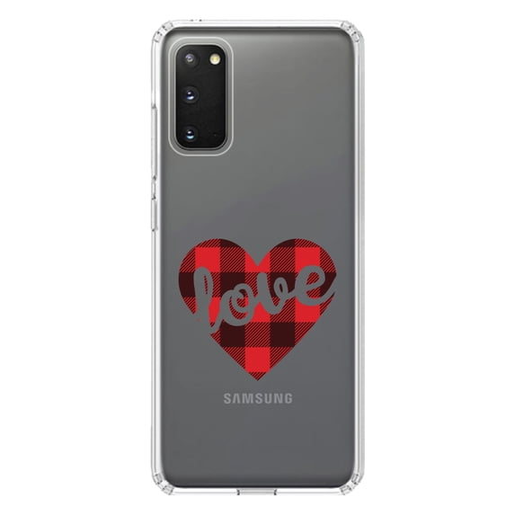 DistinctInk Clear Shockproof Hybrid Case for Galaxy S20 PLUS / 5G (6.7" Screen) - TPU Bumper Acrylic Back Tempered Glass Screen Protector - Buffalo Love Heart - Red Black Plaid