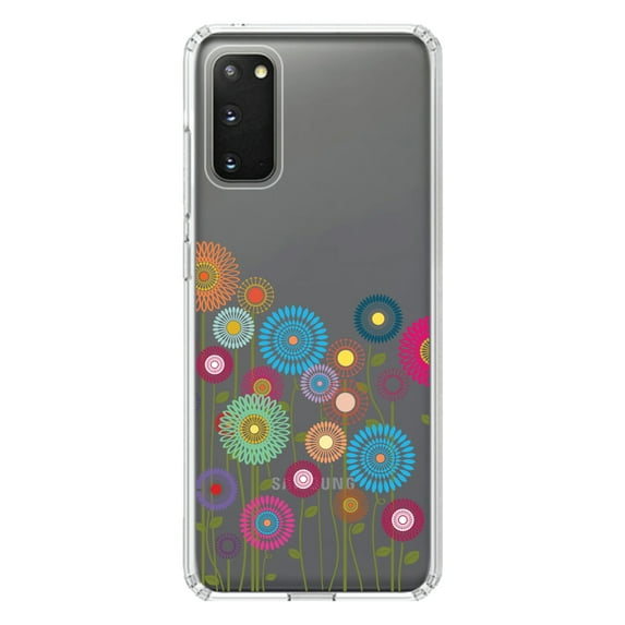 DistinctInk Clear Shockproof Hybrid Case for Galaxy S20 PLUS / 5G (6.7" Screen) - TPU Bumper Acrylic Back Tempered Glass Screen Protector - Cartoon Wildflowers Stems Leaves