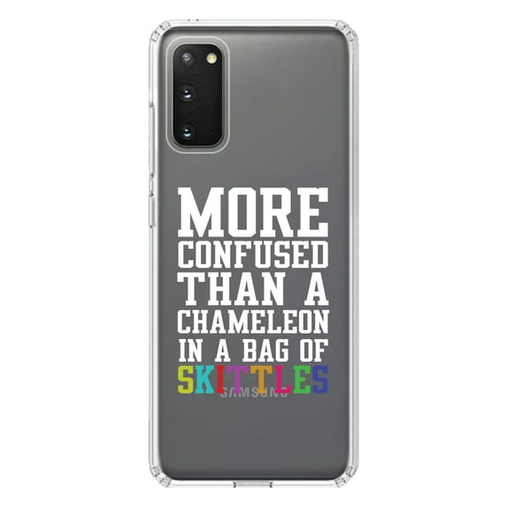 DistinctInk Clear Shockproof Hybrid Case for Galaxy S20 PLUS / 5G (6.7" Screen) - TPU Bumper Acrylic Back Tempered Glass Screen Protector - More Confused than Chameleon in Skittles