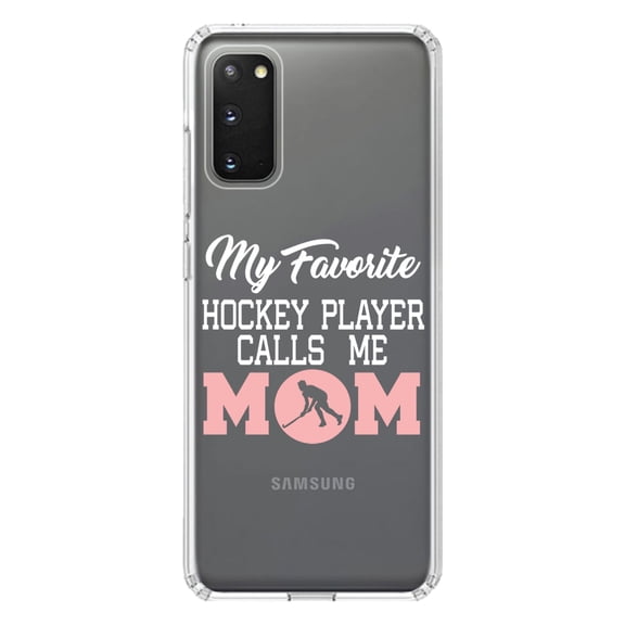 DistinctInk Clear Shockproof Hybrid Case for Galaxy S20 PLUS / 5G (6.7" Screen) - TPU Bumper Acrylic Back Tempered Glass Screen Protector - My Favorite Hockey Player Calls Me Mom