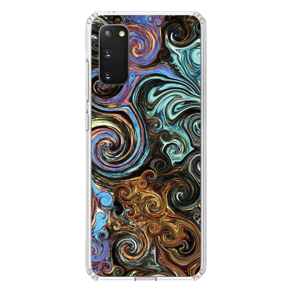 DistinctInk Clear Shockproof Hybrid Case for Galaxy S20 PLUS / 5G (6.7" Screen) - TPU Bumper, Acrylic Back, Tempered Glass Screen Protector - Gold Brown Black Blue Abstract Swirls - Abstract Swirls