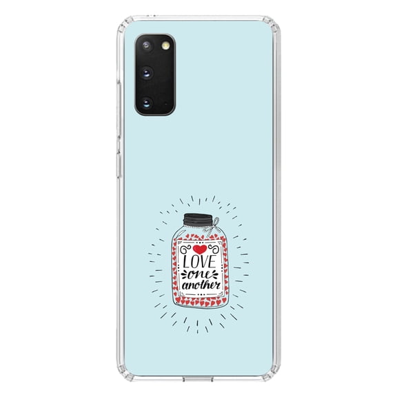 DistinctInk Clear Shockproof Hybrid Case for Galaxy S20 PLUS / 5G (6.7" Screen) - TPU Bumper, Acrylic Back, Tempered Glass Screen Protector - Love One Another - Heart / Jar