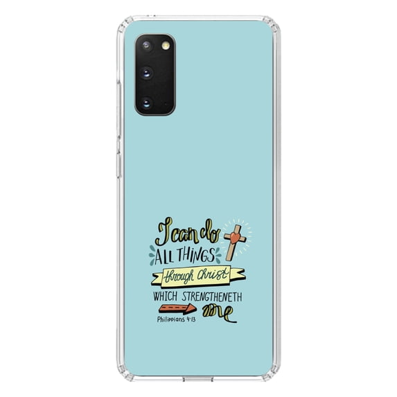 DistinctInk Clear Shockproof Hybrid Case for Galaxy S20 PLUS / 5G (6.7" Screen) - TPU Bumper, Acrylic Back, Tempered Glass Screen Protector - Philippians 4:13 - I can do everything through Christ