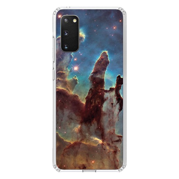 DistinctInk Clear Shockproof Hybrid Case for Galaxy S20 PLUS / 5G (6.7" Screen) - TPU Bumper, Acrylic Back, Tempered Glass Screen Protector - Pillars of Creation - Astronomy