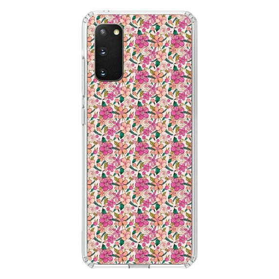 DistinctInk Clear Shockproof Hybrid Case for Galaxy S20 PLUS / 5G (6.7" Screen) - TPU Bumper, Acrylic Back, Tempered Glass Screen Protector - Preppy Pattern - Pink Flowers Floral