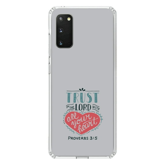 DistinctInk Clear Shockproof Hybrid Case for Galaxy S20 PLUS / 5G (6.7" Screen) - TPU Bumper, Acrylic Back, Tempered Glass Screen Protector - Proverbs 3:5 - Trust In The Lord All Your Heart