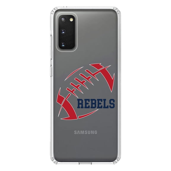 DistinctInk Clear Shockproof Hybrid Case for Galaxy S20 PLUS / 5G (6.7" Screen) - TPU Bumper, Acrylic Back, Tempered Glass Screen Protector - Rebels Football - Red, Navy