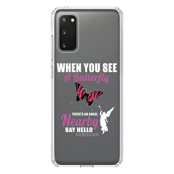 DistinctInk Clear Shockproof Hybrid Case for Galaxy S20 PLUS / 5G (6.7" Screen) - TPU Bumper Acrylic Back Tempered Glass Screen Protector - See Butterfly, Angel is Nearby