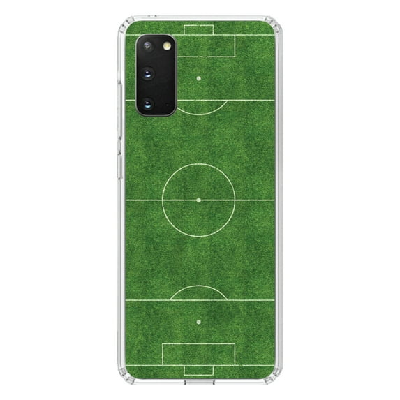 DistinctInk Clear Shockproof Hybrid Case for Galaxy S20 PLUS / 5G (6.7" Screen) - TPU Bumper, Acrylic Back, Tempered Glass Screen Protector - Soccer Field Layout