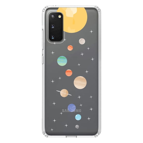 DistinctInk Clear Shockproof Hybrid Case for Galaxy S20 PLUS / 5G (6.7" Screen) - TPU Bumper, Acrylic Back, Tempered Glass Screen Protector - Solar System - Planets with Sun