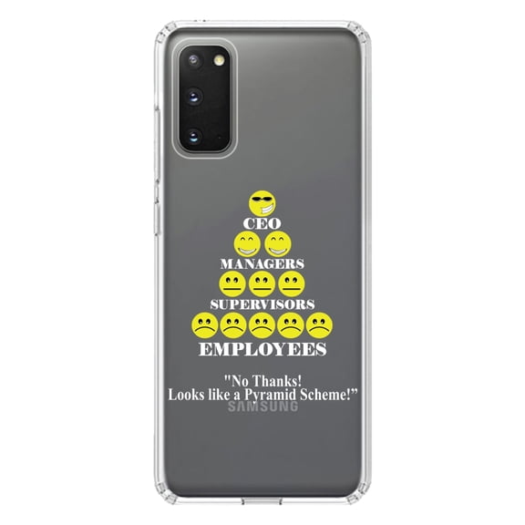 DistinctInk Clear Shockproof Hybrid Case for Galaxy S20 PLUS / 5G (6.7" Screen) - TPU Bumper Acrylic Back Tempered Glass Screen Protector - No Thanks Looks Like a Pyramid Scheme