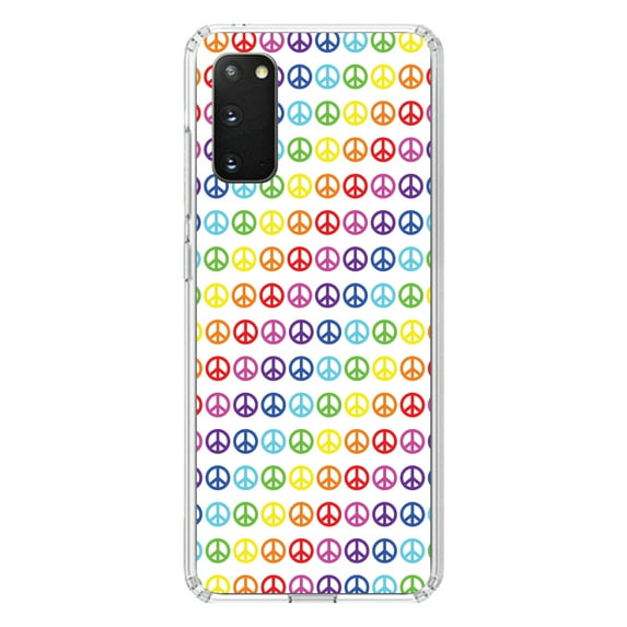 DistinctInk Clear Shockproof Hybrid Case for Galaxy S20 PLUS / 5G (6.7" Screen) - TPU Bumper, Acrylic Back, Tempered Glass Screen Protector - White Rainbow Peace Signs