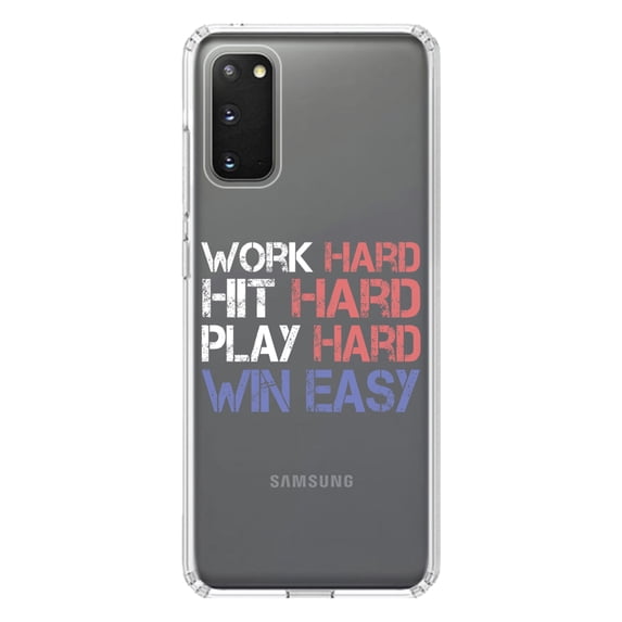 DistinctInk Clear Shockproof Hybrid Case for Galaxy S20 PLUS / 5G (6.7" Screen) - TPU Bumper Acrylic Back Tempered Glass Screen Protector - Work Hard Hit Hard Play Hard Win Easy