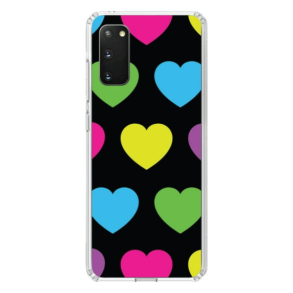 DistinctInk Clear Shockproof Hybrid Case for Galaxy S20 / S20 5G (6.2" Screen) - TPU Bumper, Acrylic Back, Tempered Glass Screen Protector - Black Multi Color Hearts