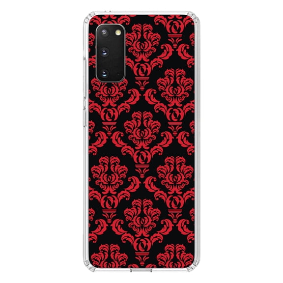 DistinctInk Clear Shockproof Hybrid Case for Galaxy S20 / S20 5G (6.2" Screen) - TPU Bumper, Acrylic Back, Tempered Glass Screen Protector - Black Red Damask Pattern - Floral Damask Pattern