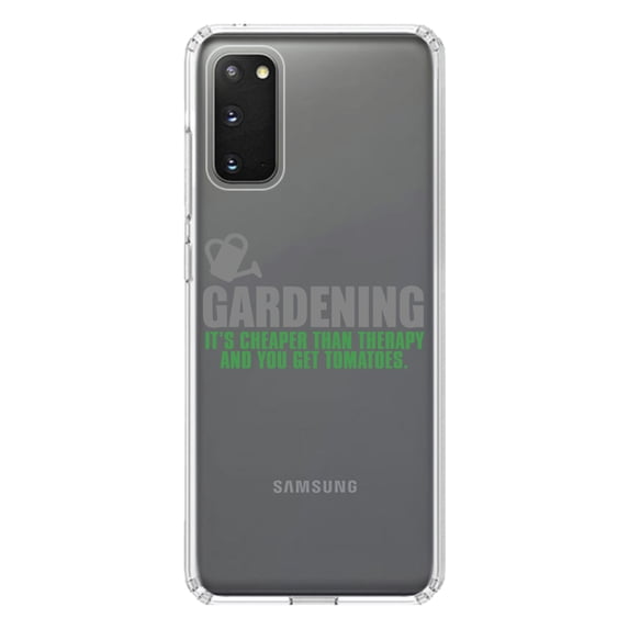 DistinctInk Clear Shockproof Hybrid Case for Galaxy S20 / S20 5G (6.2" Screen) - TPU Bumper Acrylic Back Tempered Glass Screen Protector - Gardening - Cheaper Than Therapy & You Get Tomatoes