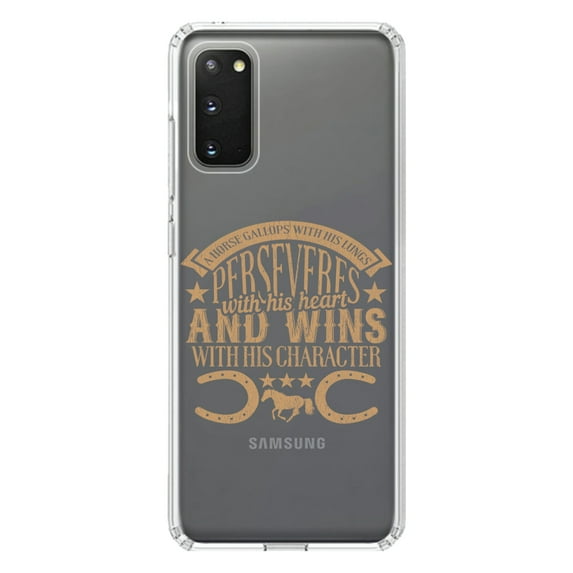 DistinctInk Clear Shockproof Hybrid Case for Galaxy S20 / S20 5G (6.2" Screen) - TPU Bumper Acrylic Back Tempered Glass Screen Protector - Horse Gallops, Perseveres, Wins