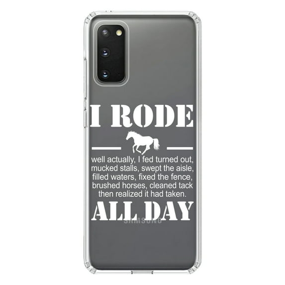 DistinctInk Clear Shockproof Hybrid Case for Galaxy S20 / S20 5G (6.2" Screen) - TPU Bumper Acrylic Back Tempered Glass Screen Protector - I Rode All Day - Horse