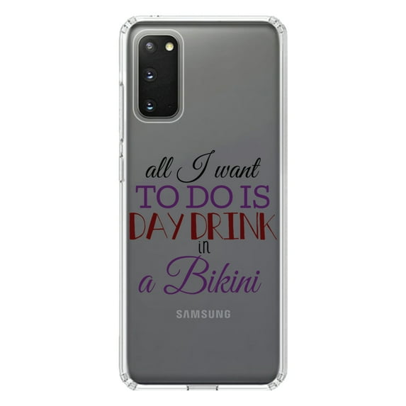 DistinctInk Clear Shockproof Hybrid Case for Galaxy S20 / S20 5G (6.2" Screen) - TPU Bumper Acrylic Back Tempered Glass Screen Protector - All I Want To Do Is Day Drink in a Bikini