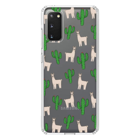 DistinctInk Clear Shockproof Hybrid Case for Galaxy S20 / S20 5G (6.2" Screen) - TPU Bumper, Acrylic Back, Tempered Glass Screen Protector - Llamas and Cacti Cactus