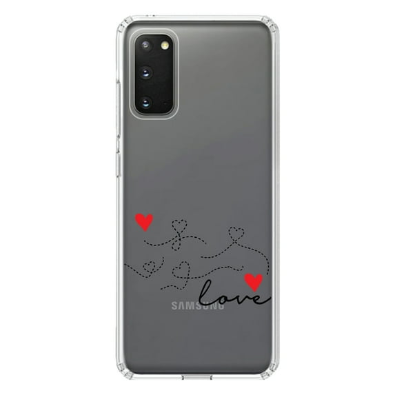 DistinctInk Clear Shockproof Hybrid Case for Galaxy S20 / S20 5G (6.2" Screen) - TPU Bumper Acrylic Back Tempered Glass Screen Protector - Love Heart Flourish Black & Red