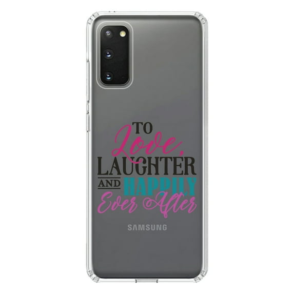 DistinctInk Clear Shockproof Hybrid Case for Galaxy S20 / S20 5G (6.2" Screen) - TPU Bumper Acrylic Back Tempered Glass Screen Protector - Love Laughter & Happily Ever After
