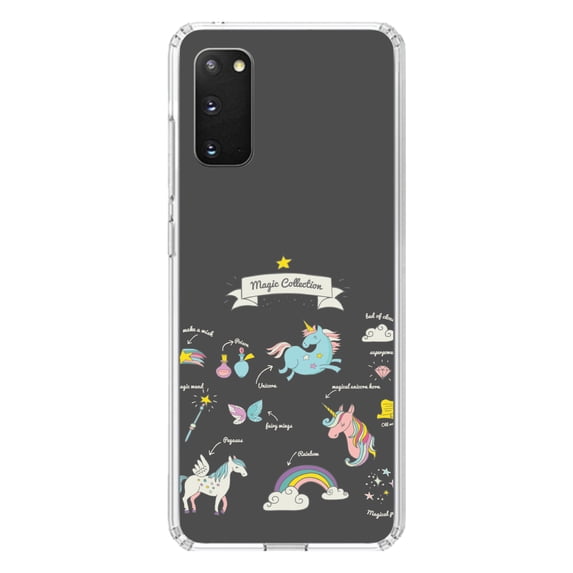 DistinctInk Clear Shockproof Hybrid Case for Galaxy S20 / S20 5G (6.2" Screen) - TPU Bumper, Acrylic Back, Tempered Glass Screen Protector - Magic Collection Grey - Unicorn, Rainbow