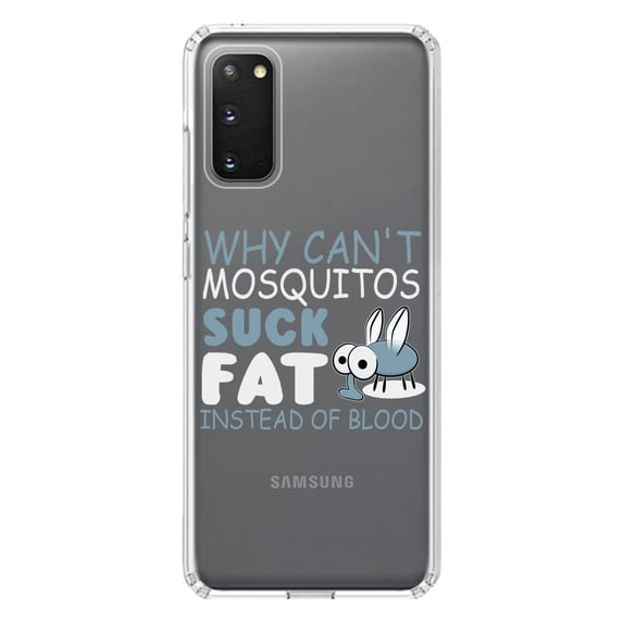 DistinctInk Clear Shockproof Hybrid Case for Galaxy S20 / S20 5G (6.2" Screen) - TPU Bumper Acrylic Back Tempered Glass Screen Protector - Why Can't Mosquitos Suck Fat Instead of Blood