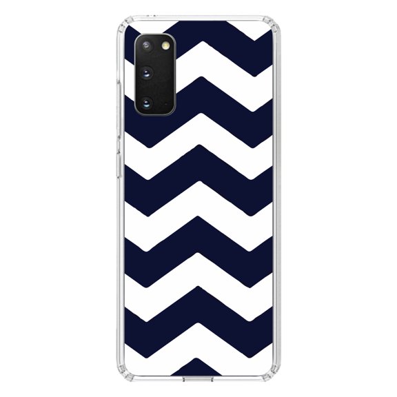 DistinctInk Clear Shockproof Hybrid Case for Galaxy S20 / S20 5G (6.2" Screen) - TPU Bumper, Acrylic Back, Tempered Glass Screen Protector - Navy Blue White Stripes - Stripes Pattern