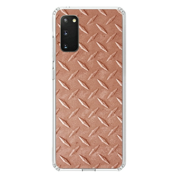 DistinctInk Clear Shockproof Hybrid Case for Galaxy S20 / S20 5G (6.2" Screen) - TPU Bumper, Acrylic Back, Tempered Glass Screen Protector - Orange Diamond Plate Steel Image - Printed Diamond Plate