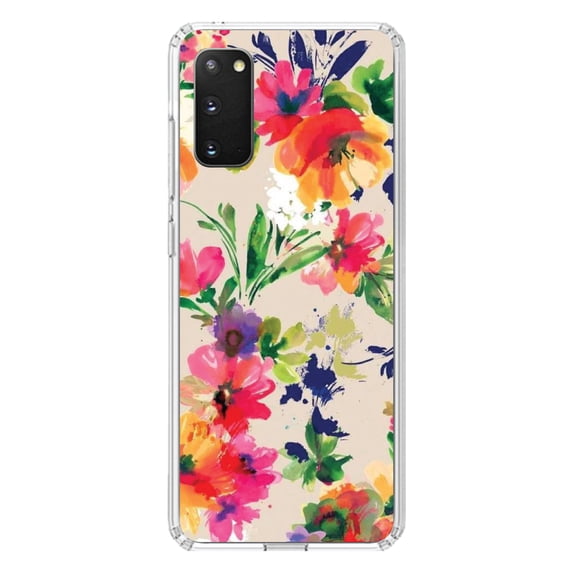 DistinctInk Clear Shockproof Hybrid Case for Galaxy S20 / S20 5G (6.2" Screen) - TPU Bumper, Acrylic Back, Tempered Glass Screen Protector - Pink Purple Floral Flowers