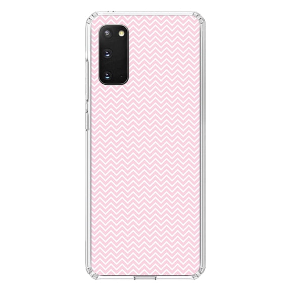 DistinctInk Clear Shockproof Hybrid Case for Galaxy S20 / S20 5G (6.2" Screen) - TPU Bumper, Acrylic Back, Tempered Glass Screen Protector - Pink & White Thin Chevron Pattern