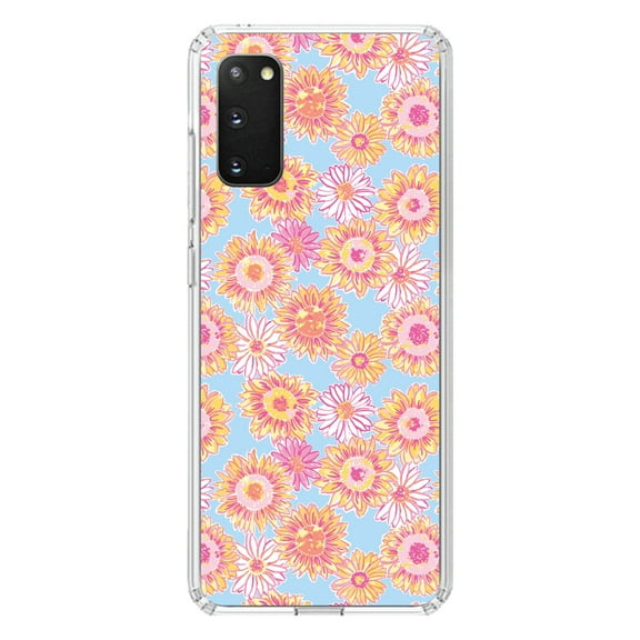 DistinctInk Clear Shockproof Hybrid Case for Galaxy S20 / S20 5G (6.2" Screen) - TPU Bumper, Acrylic Back, Tempered Glass Screen Protector - Preppy Pattern - Blue Pink Yellow Flowers Floral